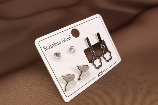 Üçlü Küpe Seti – Parlak Paslanmaz Çelik, Zarafet ve Işıltı Bir Arada