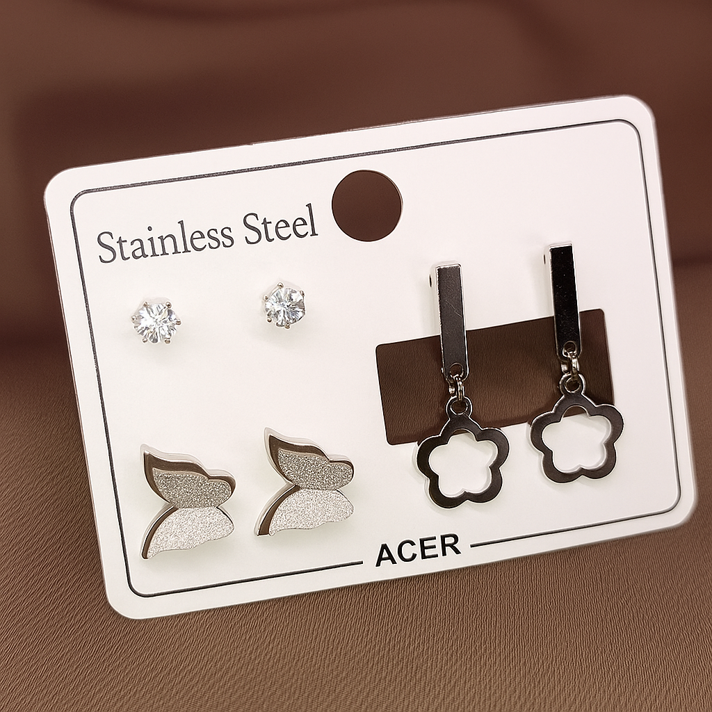 Üçlü Küpe Seti – Parlak Paslanmaz Çelik, Zarafet ve Işıltı Bir Arada