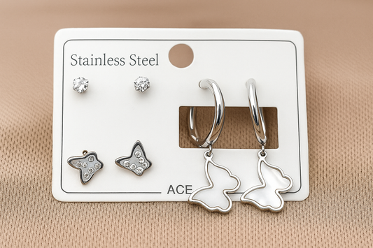 Üçlü Kelebek Küpeler Seti – Parlak Paslanmaz Çelikten, Uzun Süre Işıltısını Korur