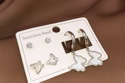 Üçlü Kelebek Küpeler Seti – Parlak Paslanmaz Çelikten, Uzun Süre Işıltısını Korur