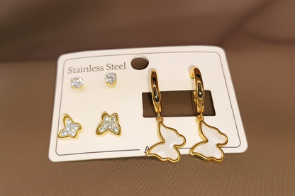 Üçlü Altın Kelebek Küpeler Seti – 14 Ayar Altın Kaplama, Parlaklığını Uzun Süre Korur