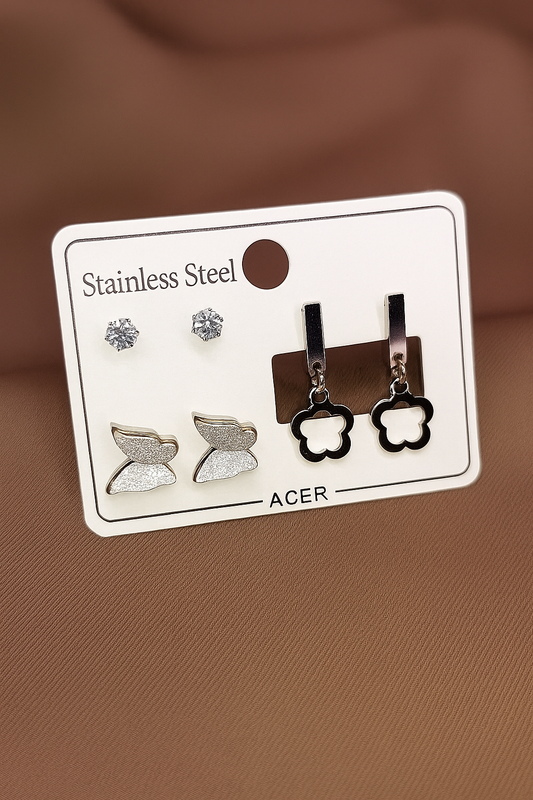 Üçlü Küpe Seti – Parlak Paslanmaz Çelik, Zarafet ve Işıltı Bir Arada