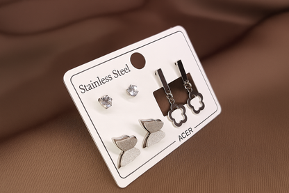 Üçlü Küpe Seti – Parlak Paslanmaz Çelik, Zarafet ve Işıltı Bir Arada