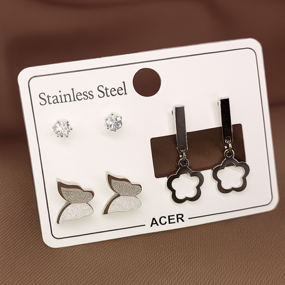 Üçlü Küpe Seti – Parlak Paslanmaz Çelik, Zarafet ve Işıltı Bir Arada